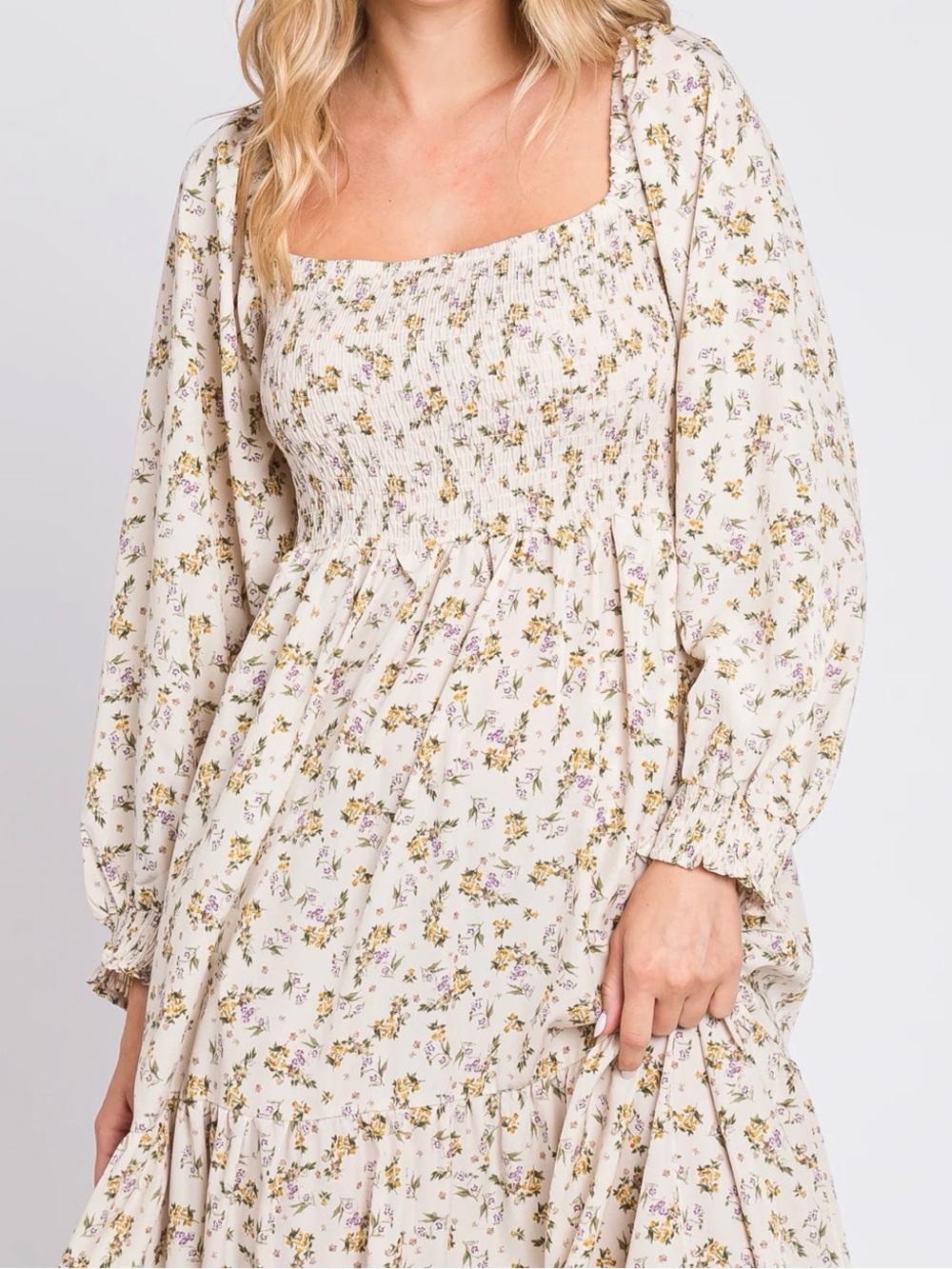 Floral Square-Neck Smocked Long Sleeve Maxi Dress - Cream - Picture 2 of 4